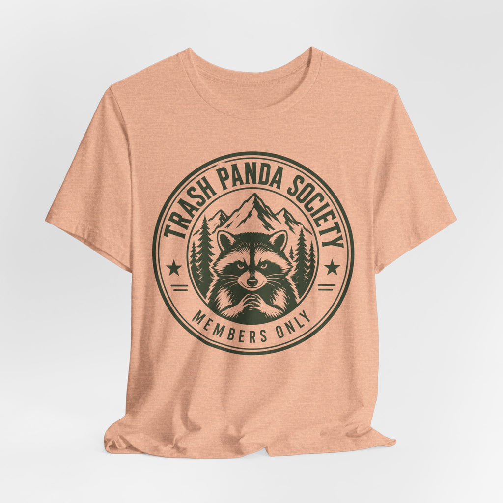 Trash Panda Society Tee in Heather Peach - funny raccoon society badge graphic tee, Barely Outdoorsy Bella Canvas