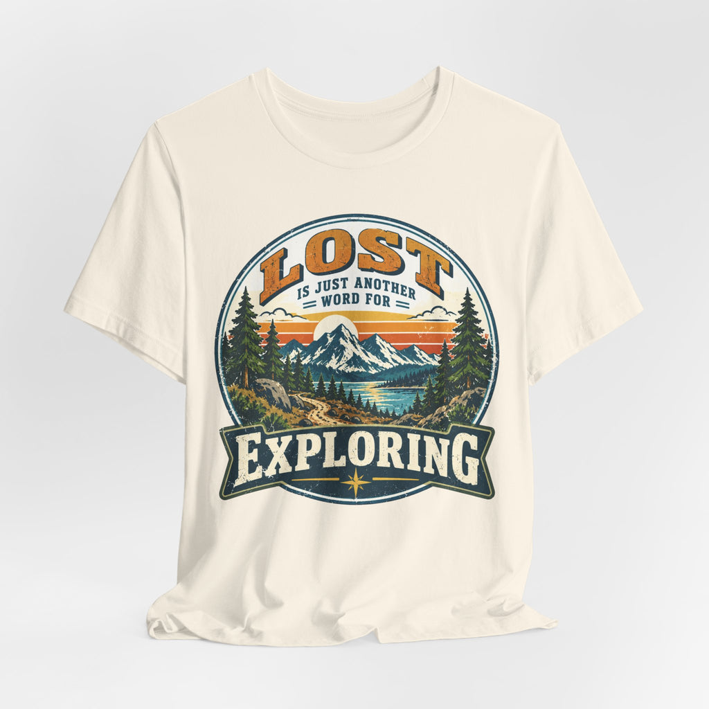 Lost Is Just Another Word For Exploring T-Shirt in Heather True Royal - funny hiking exploring graphic tee, Barely Outdoorsy Bella Canvas
