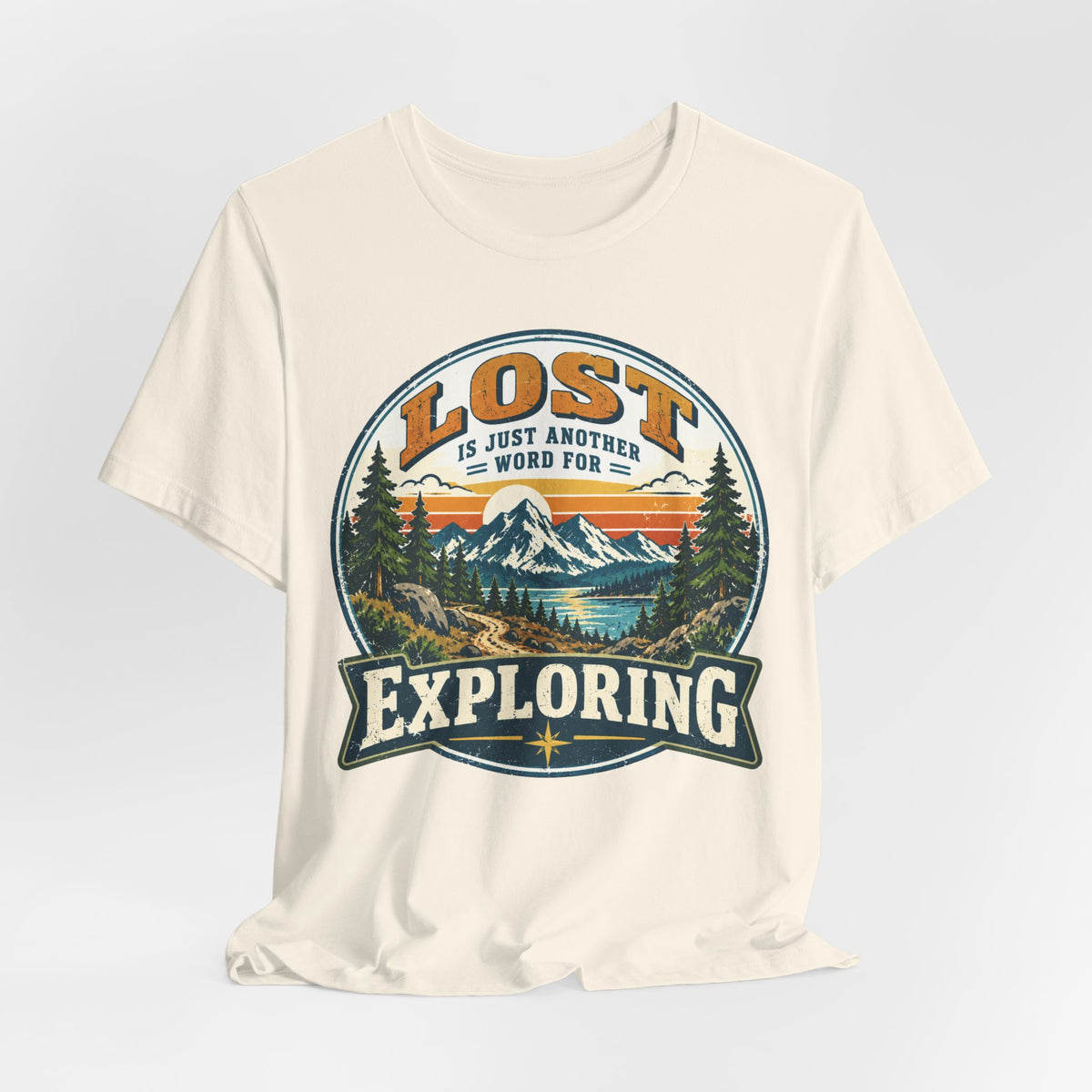 Lost Is Just Another Word For Exploring T-Shirt in Heather True Royal - funny hiking exploring graphic tee, Barely Outdoorsy Bella Canvas