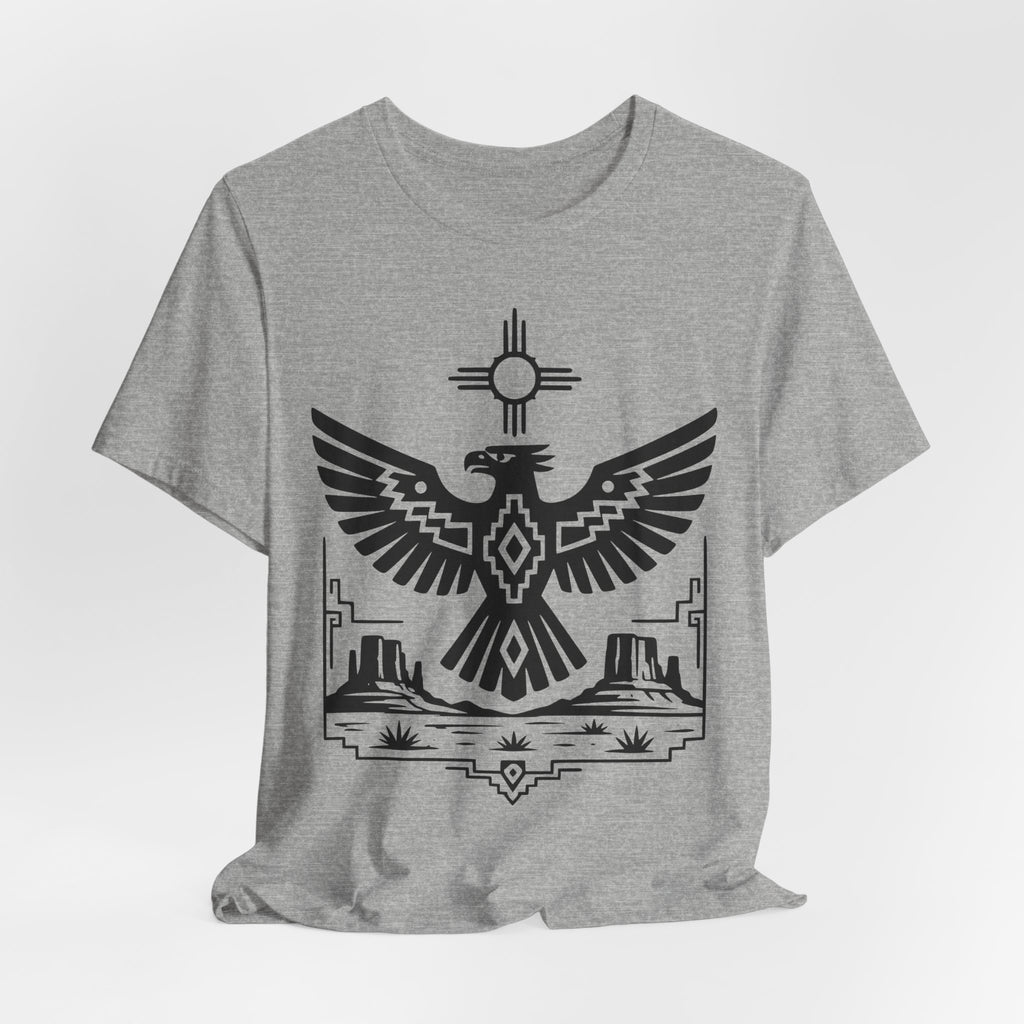 Thunderbird Zia Sun Desert Tee in Heather Peach worn shot - Southwest Thunderbird Zia shirt, Barely Outdoorsy