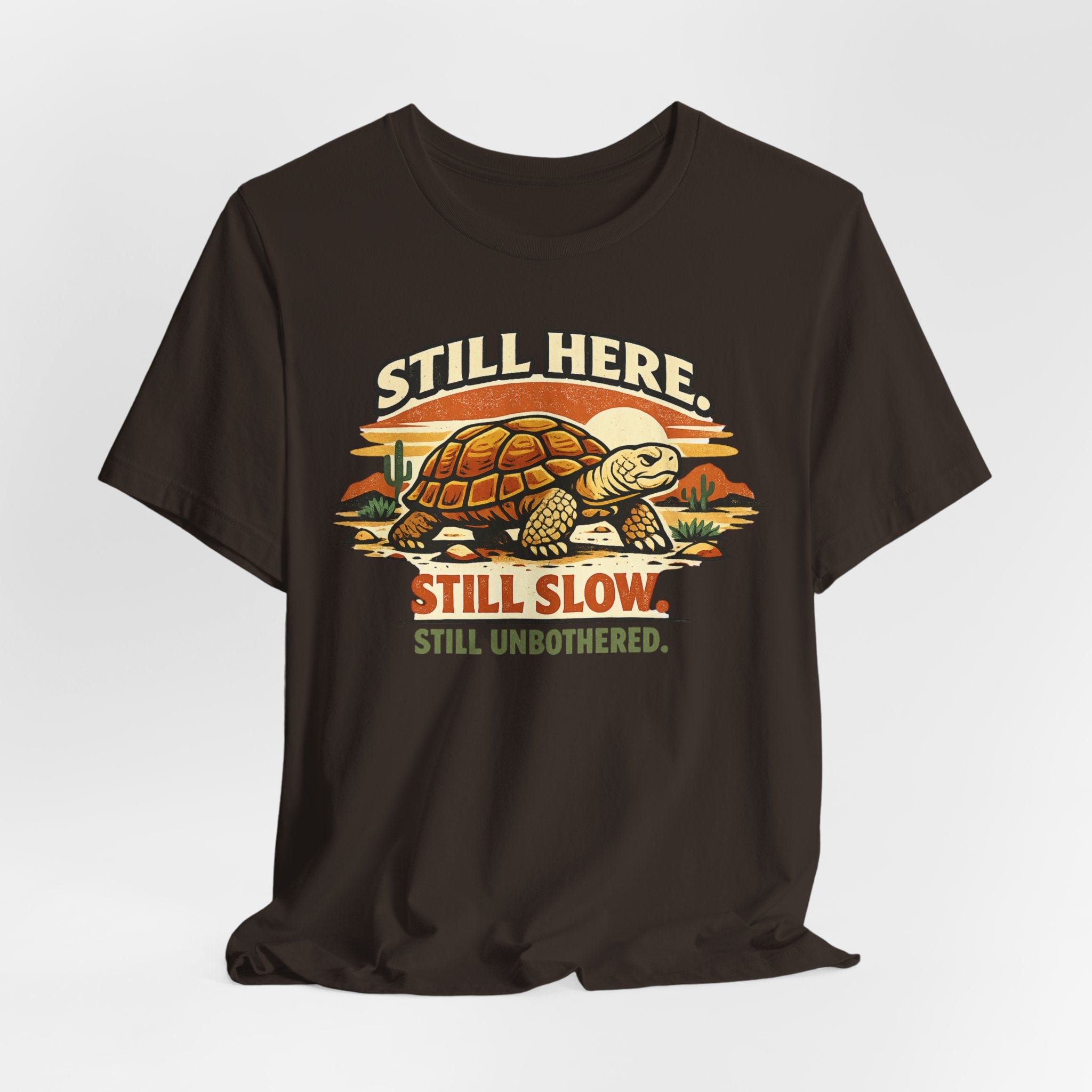 Still Here Still Slow Still Unbothered T-Shirt in Brown - vintage tortoise unbothered nature tee, Barely Outdoorsy