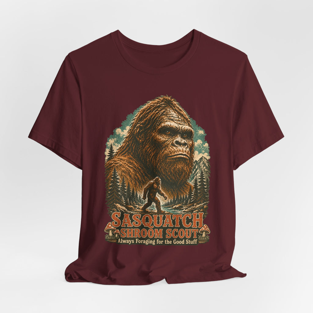 Sasquatch Shroom Scout T-Shirt in Dark Grey Heather detail - funny Bigfoot shroom scout close-up graphic