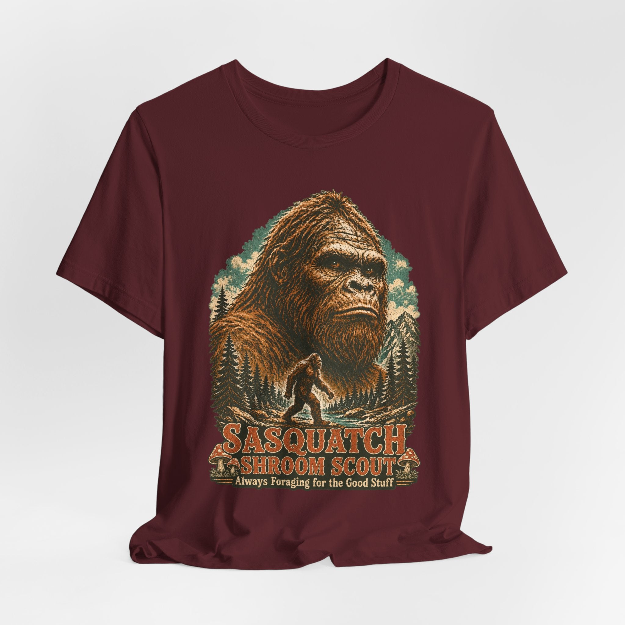 Sasquatch Shroom Scout T-Shirt in Dark Grey Heather detail - funny Bigfoot shroom scout close-up graphic