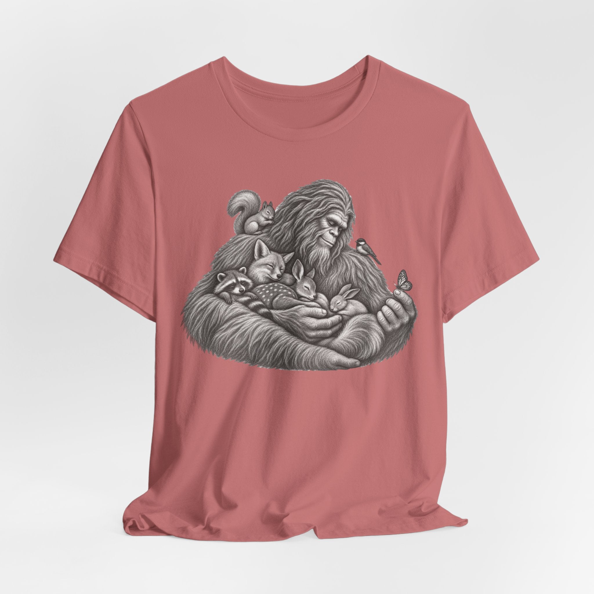 Guardian of the Forest Bigfoot T-Shirt in Ash - painterly Bigfoot guardian forest graphic tee, Barely Outdoorsy Bella Canvas