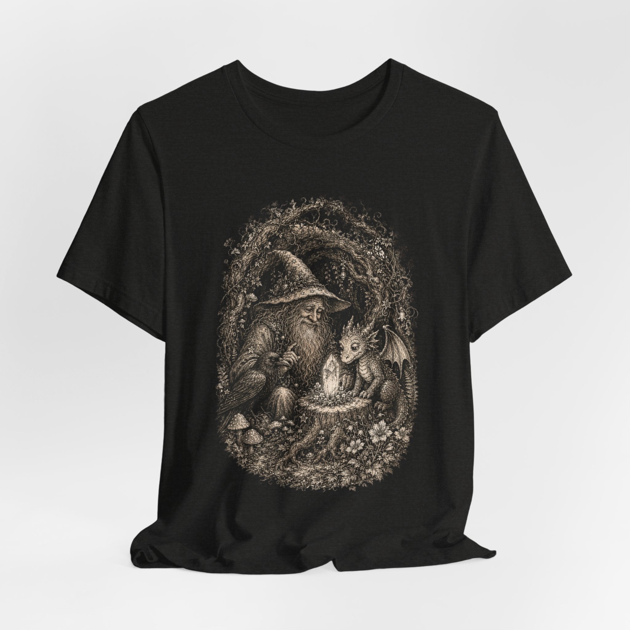 Wizard and Dragon T-Shirt in Heather True Royal detail - wizard dragon raven close-up painterly graphic
