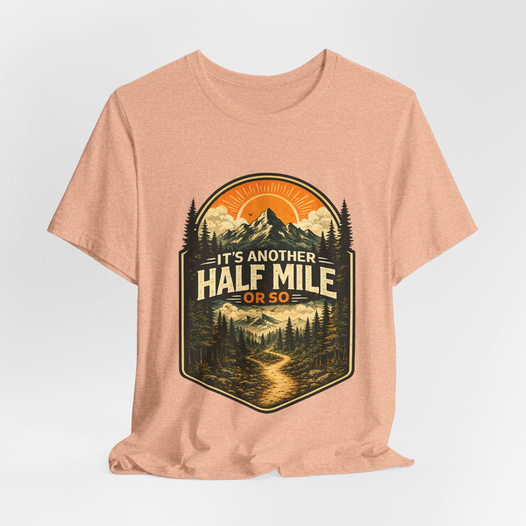 It's Another Half Mile Or So Tee in White detail - retro park badge winding trail close-up graphic, Barely Outdoorsy