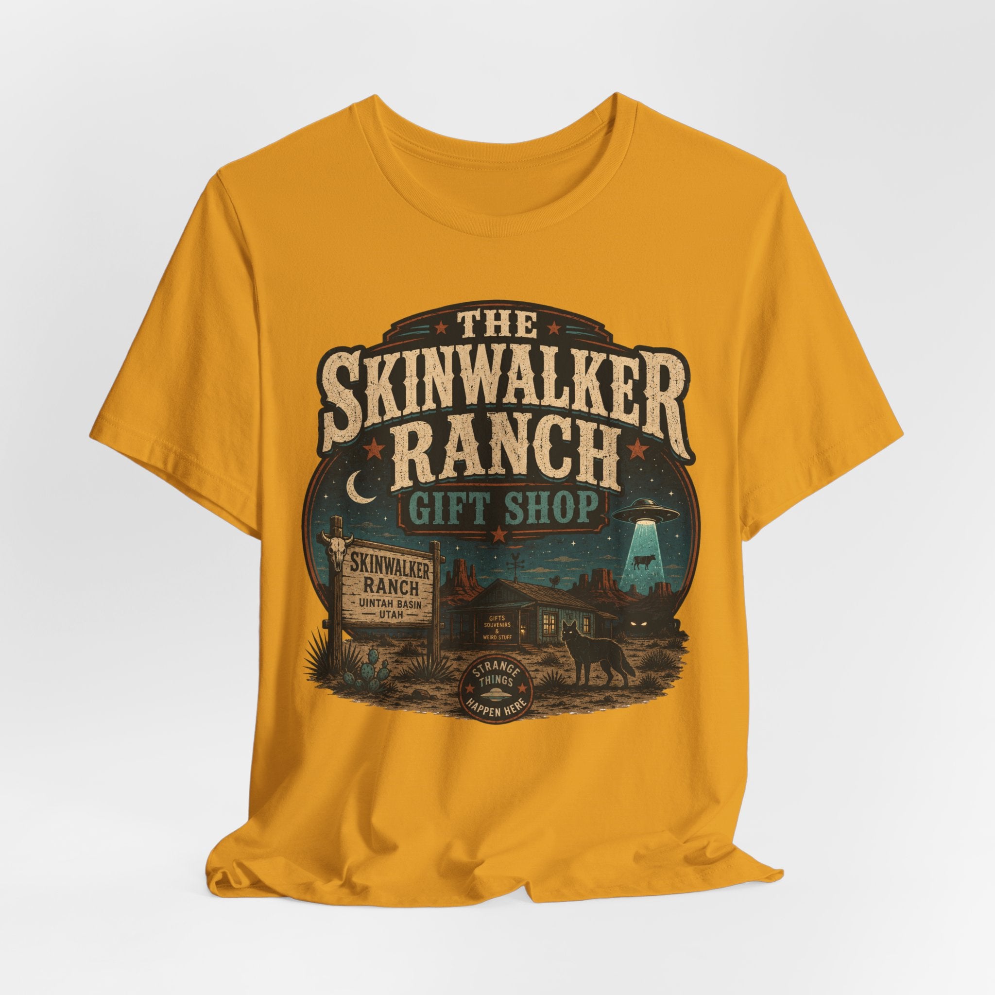 Skinwalker Ranch Gift Shop T-Shirt in White - UFO alien conspiracy humor tee, Bella Canvas 3001
