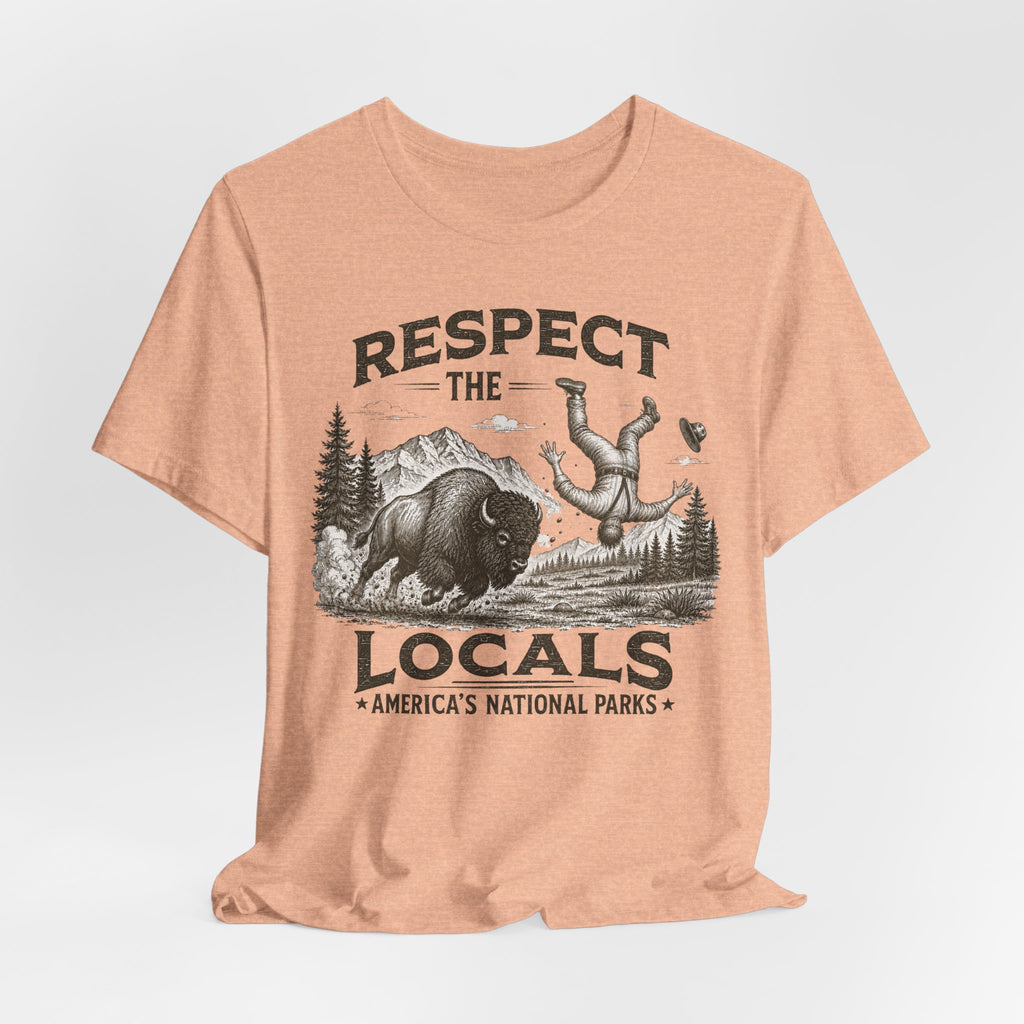 Respect The Locals Bison Tee in Ash - retro etching bison wildlife humor shirt, Barely Outdoorsy