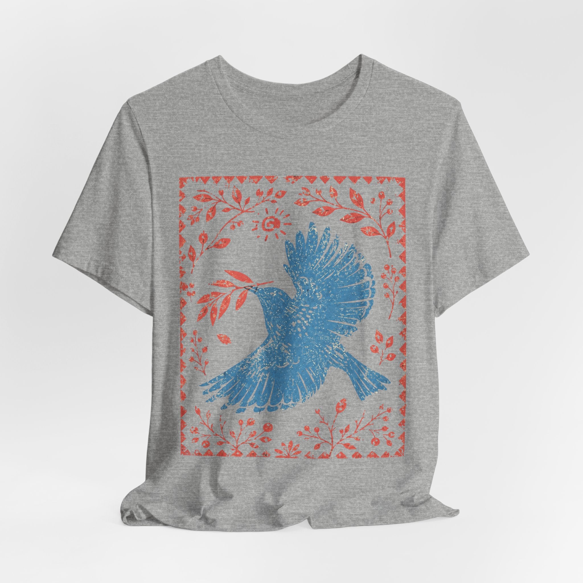 Blue Peace Dove Folk Art Tee in Heather Peach - folk art peace dove nature shirt, Barely Outdoorsy Bella Canvas 3001