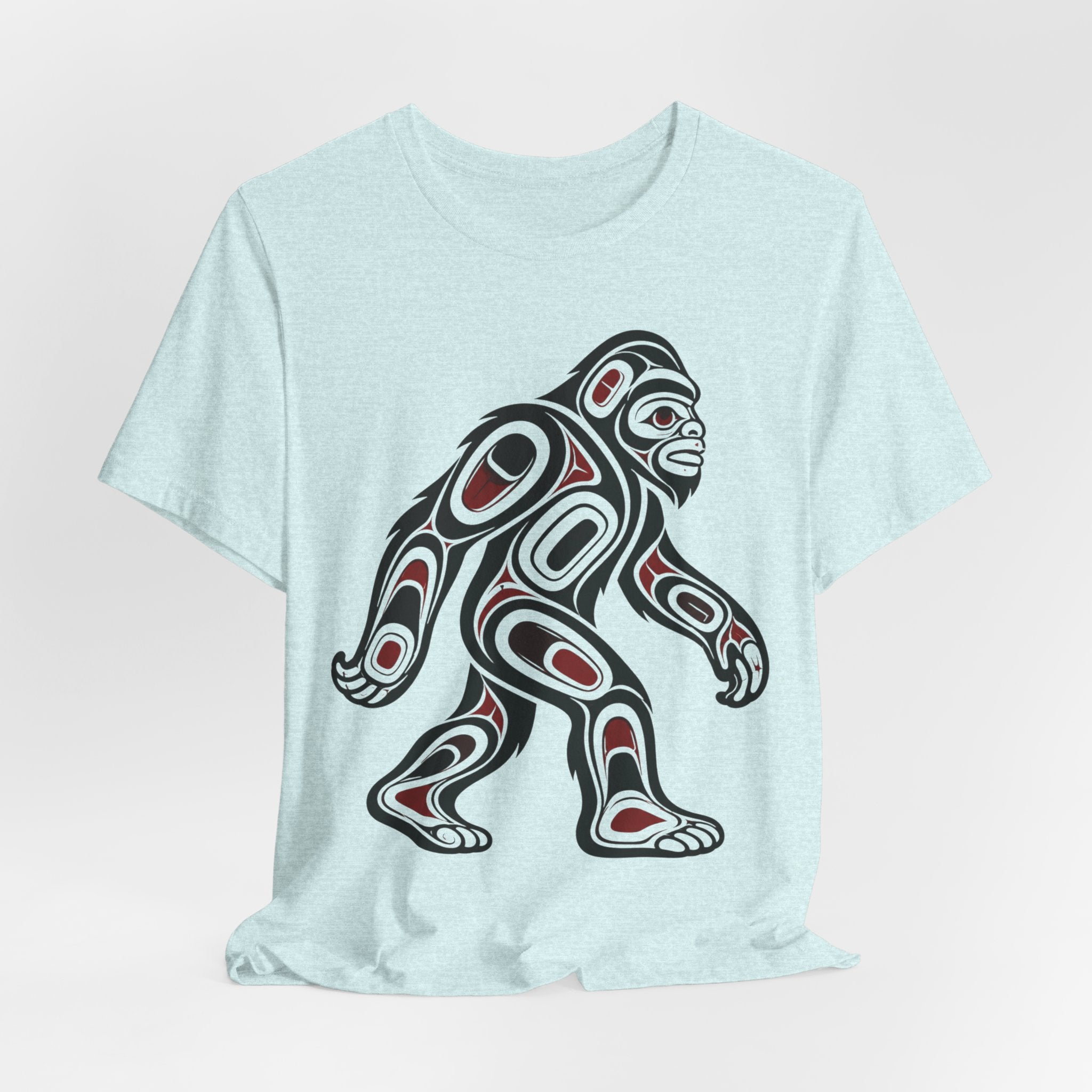 Northwest Tribal Bigfoot T-Shirt in White detail - formline Bigfoot raven ovoid close-up graphic