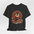 Grinning Black Cat Hiker T-Shirt in Dark Grey Heather - funny grinning black cat Halloween hiking graphic tee, Barely Outdoorsy Bella Canvas 3001