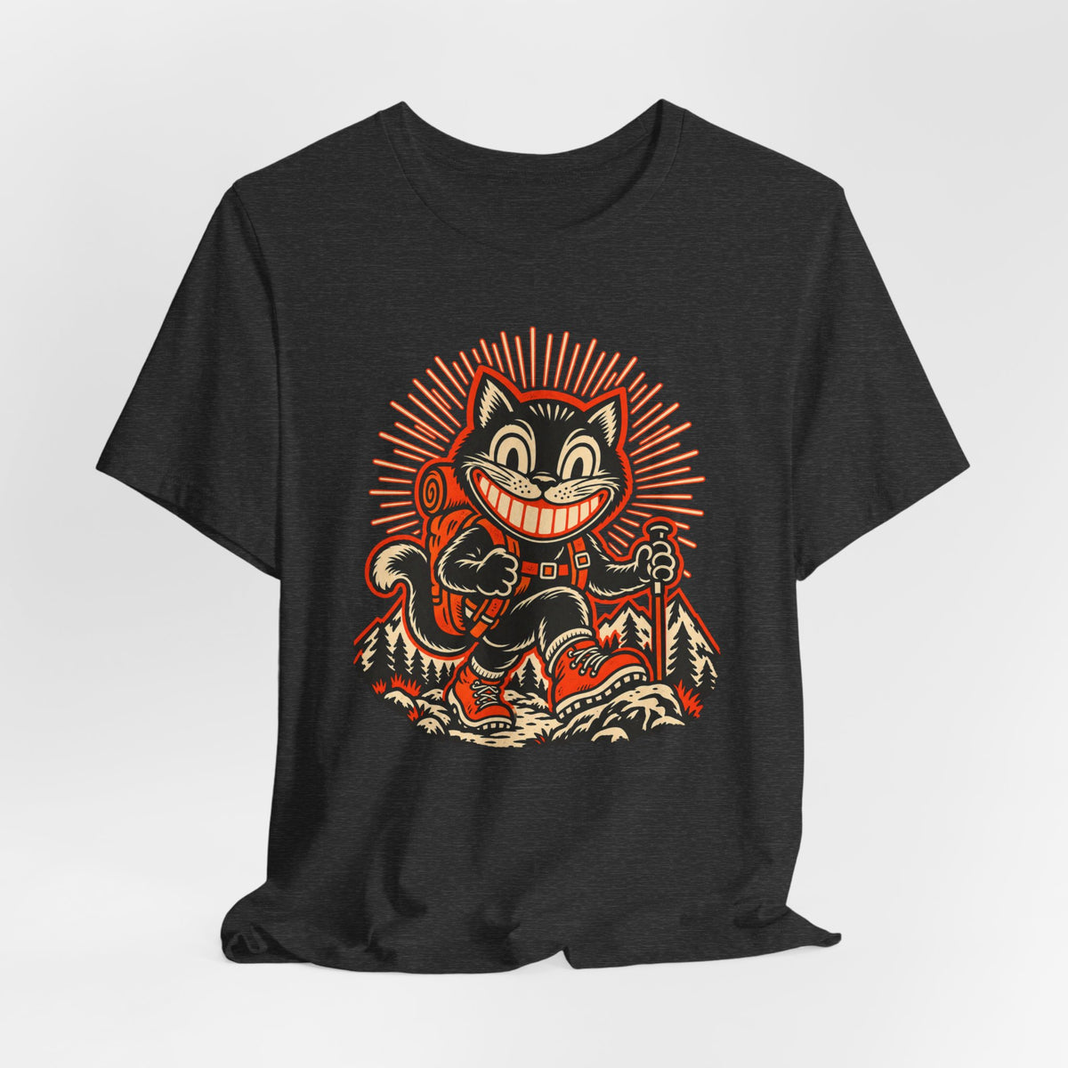 Grinning Black Cat Hiker T-Shirt in Dark Grey Heather - funny grinning black cat Halloween hiking graphic tee, Barely Outdoorsy Bella Canvas 3001