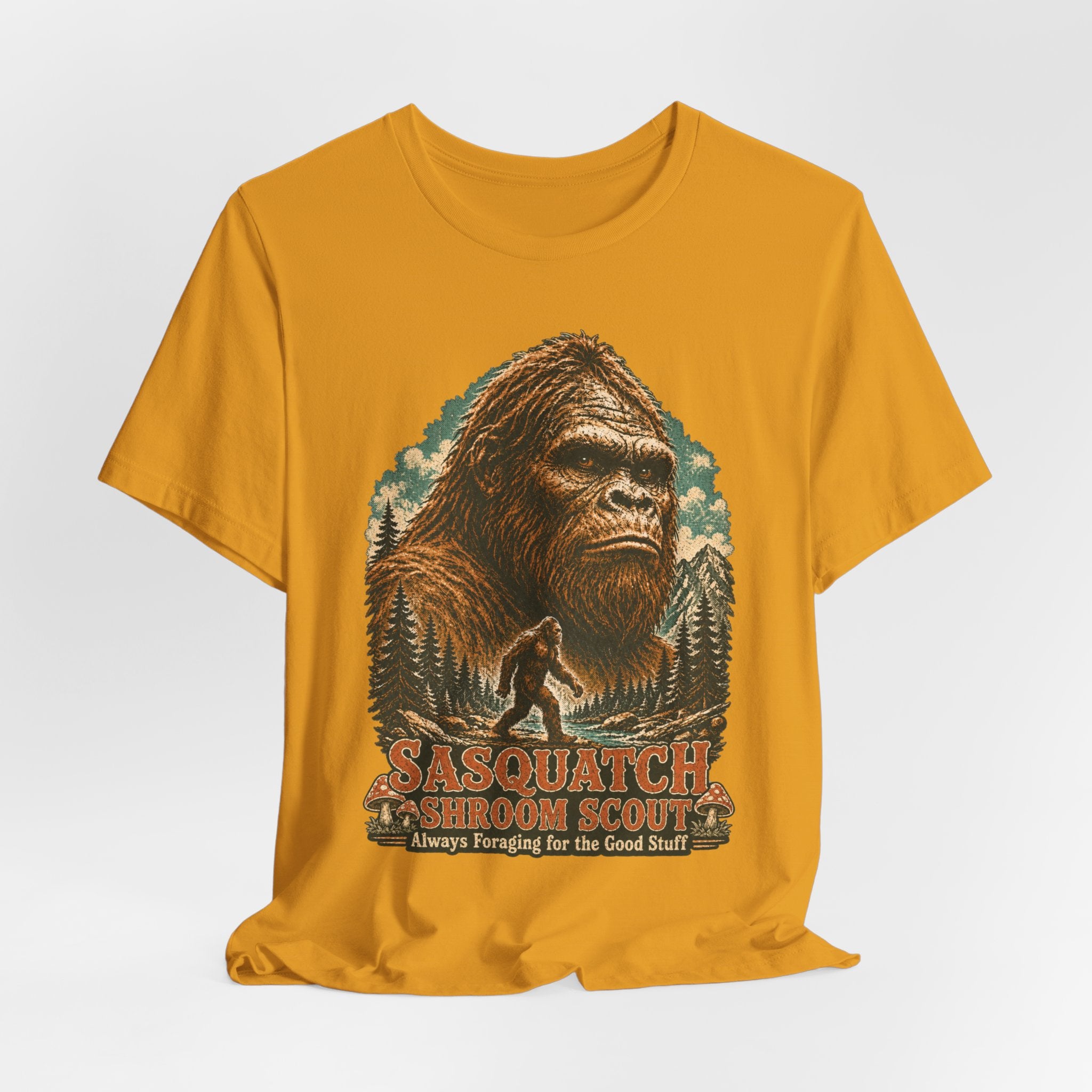 Sasquatch Shroom Scout T-Shirt in Athletic Heather - funny Bigfoot mushroom forager graphic tee, Barely Outdoorsy Bella Canvas 3001