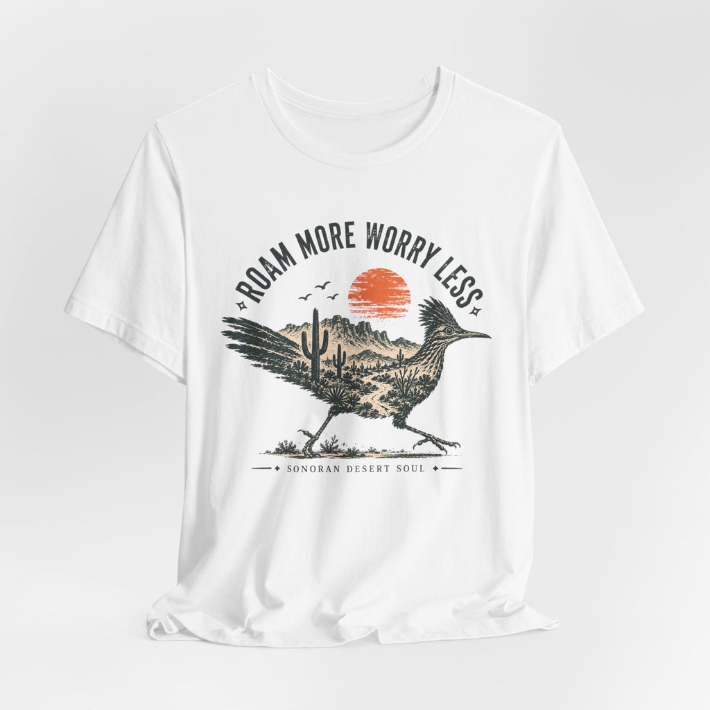 Roam More Worry Less Roadrunner T-Shirt in Heather True Royal - Southwest roadrunner roam more graphic tee, Barely Outdoorsy Bella Canvas 3001