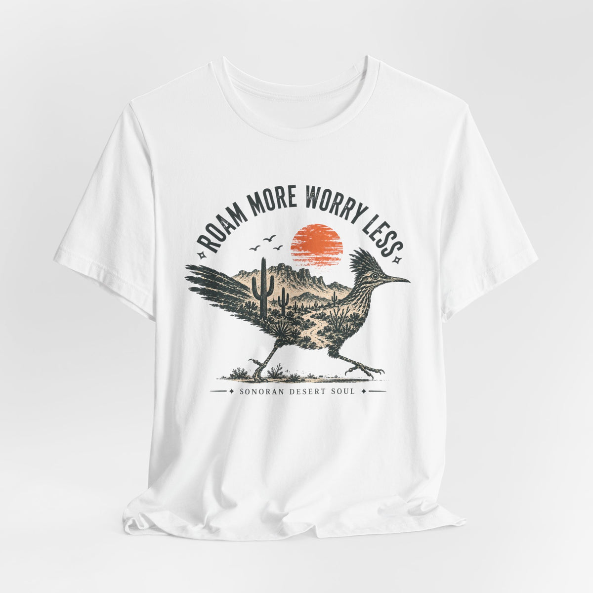 Roam More Worry Less Roadrunner T-Shirt in Heather True Royal - Southwest roadrunner roam more graphic tee, Barely Outdoorsy Bella Canvas 3001