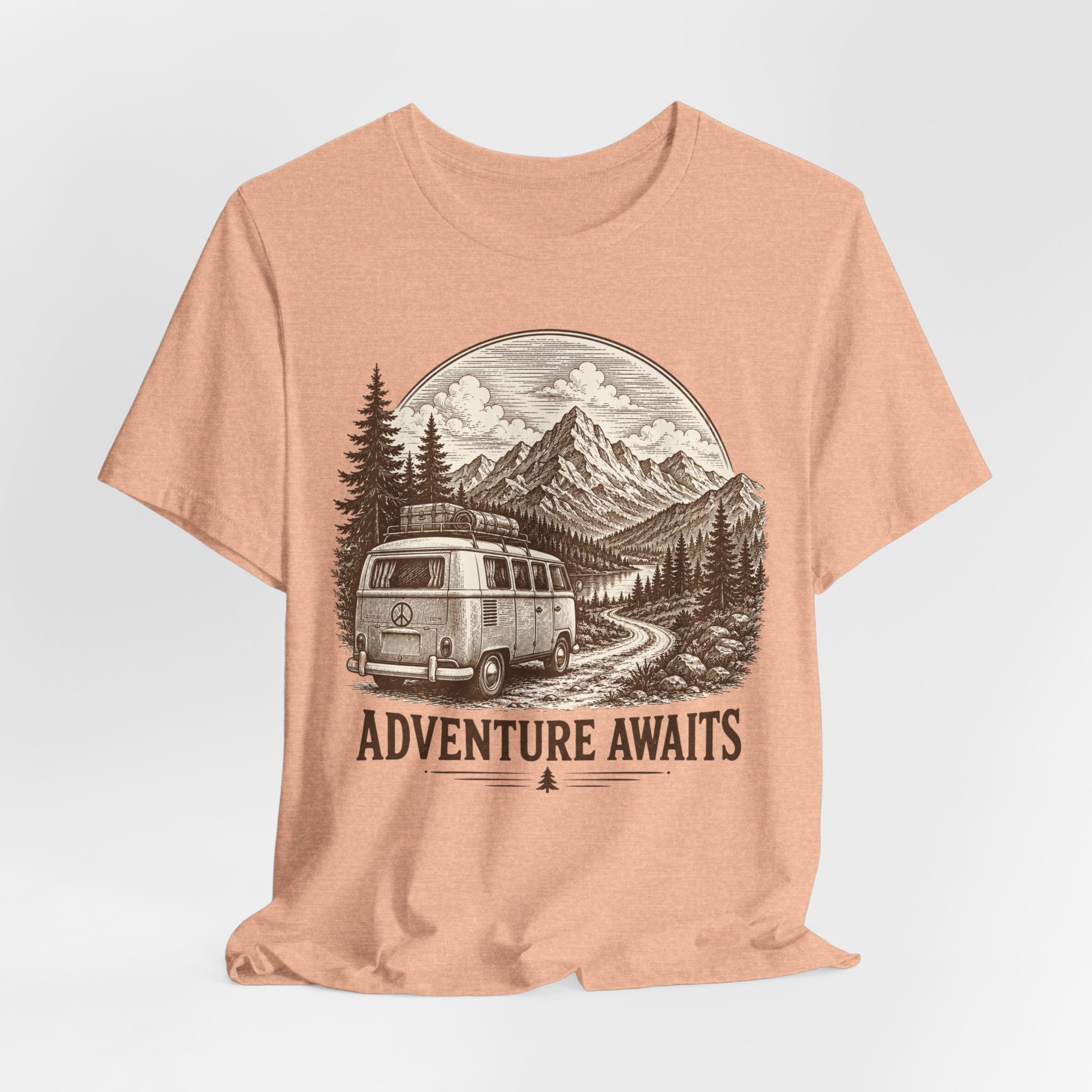 Adventure Awaits T-Shirt in Ash - vintage van life mountain pine forest etching tee, Bella Canvas 3001
