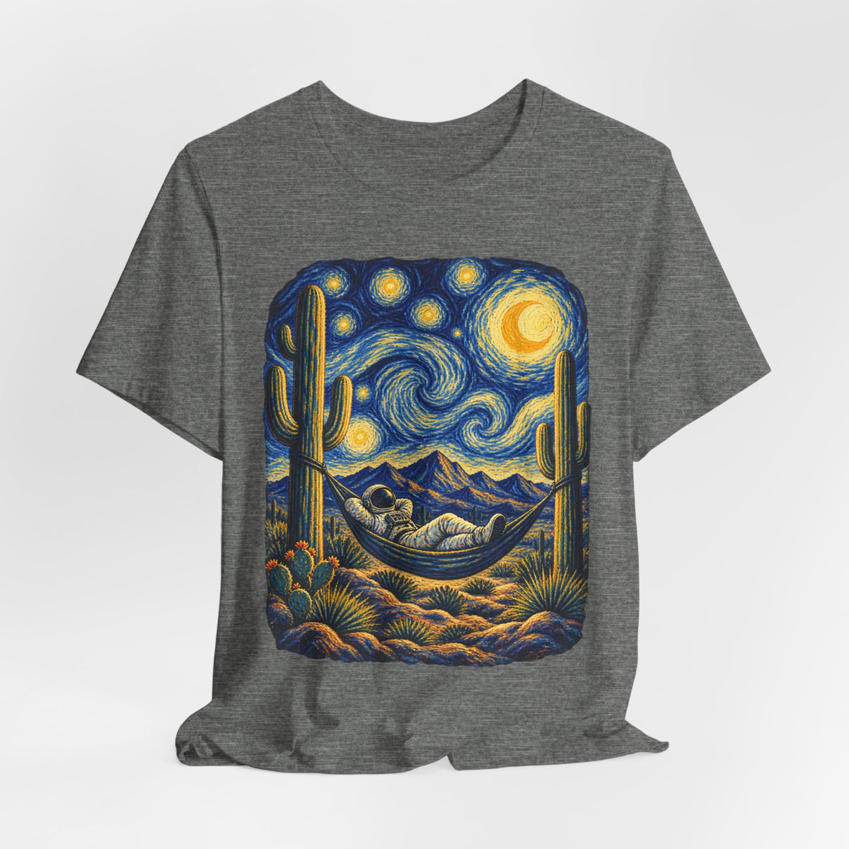 Starry Night Desert Astronaut T-Shirt in Heather Midnight Navy - Southwest desert astronaut starry night space graphic tee, Barely Outdoorsy