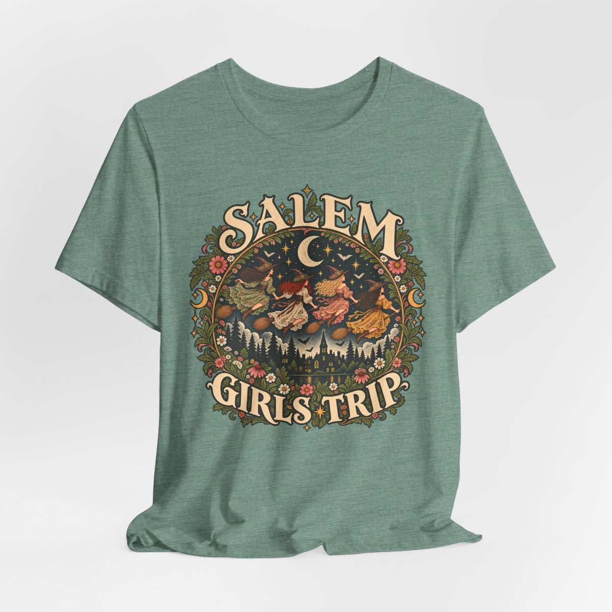 Salem Girls Trip Witch T-Shirt in Dark Grey Heather - funny Salem coven Halloween witch graphic tee, Barely Outdoorsy Bella Canvas 3001