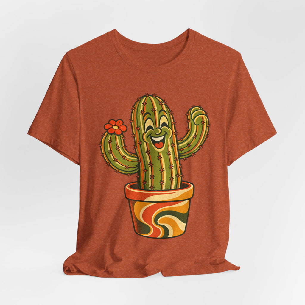 Happy Cactus Retro 70s T-Shirt in Heather Purple - retro 70s cartoon happy cactus plant graphic tee, Barely Outdoorsy