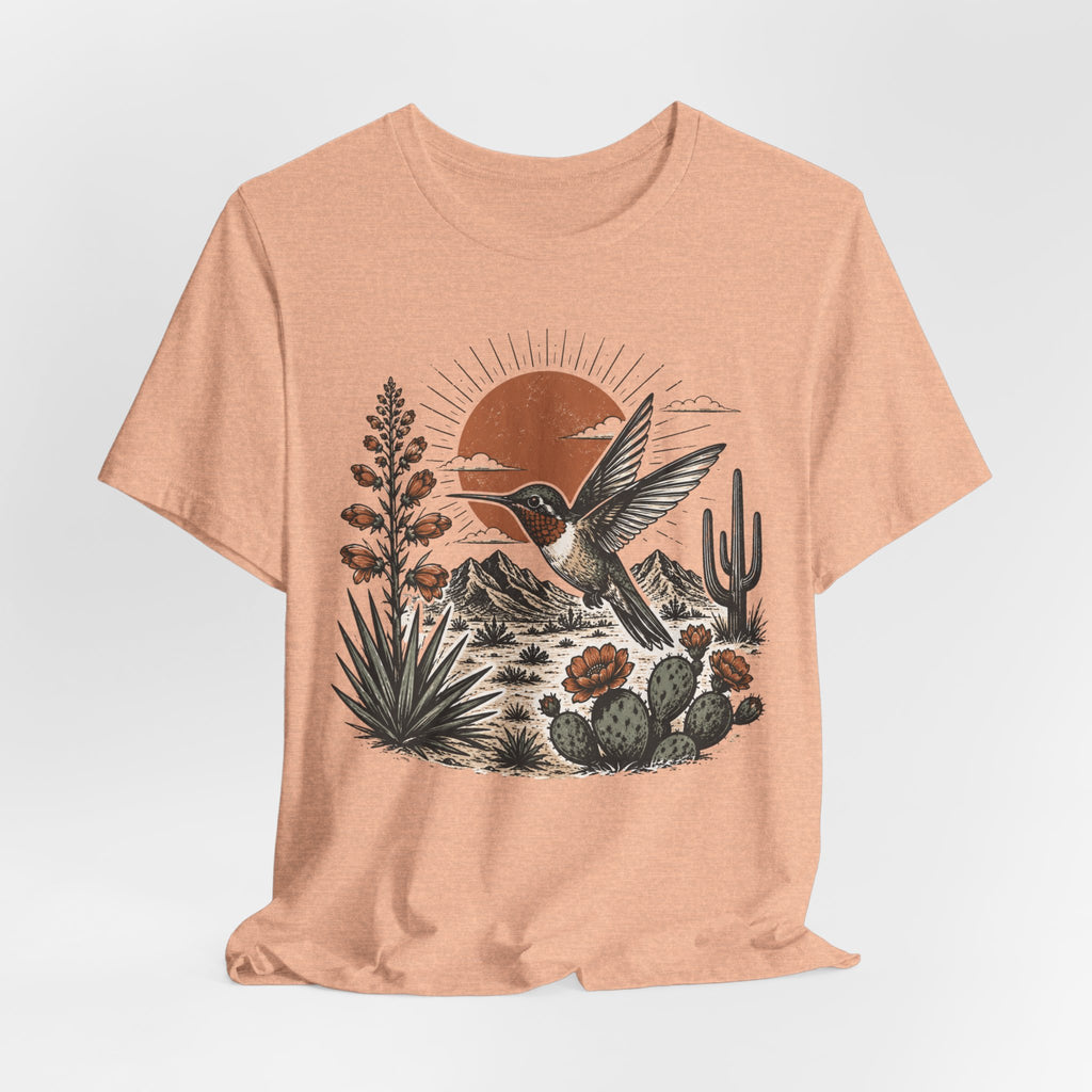 Sunset Hummingbird Desert Tee in White - bold sunset hummingbird Southwest shirt, Barely Outdoorsy Bella Canvas 3001
