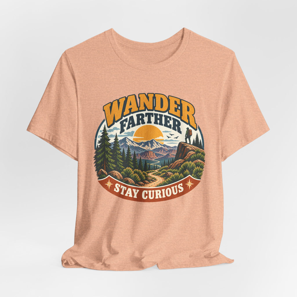 Wander Farther Stay Curious Tee in Dark Grey Heather - retro hiking wander curious shirt, Barely Outdoorsy