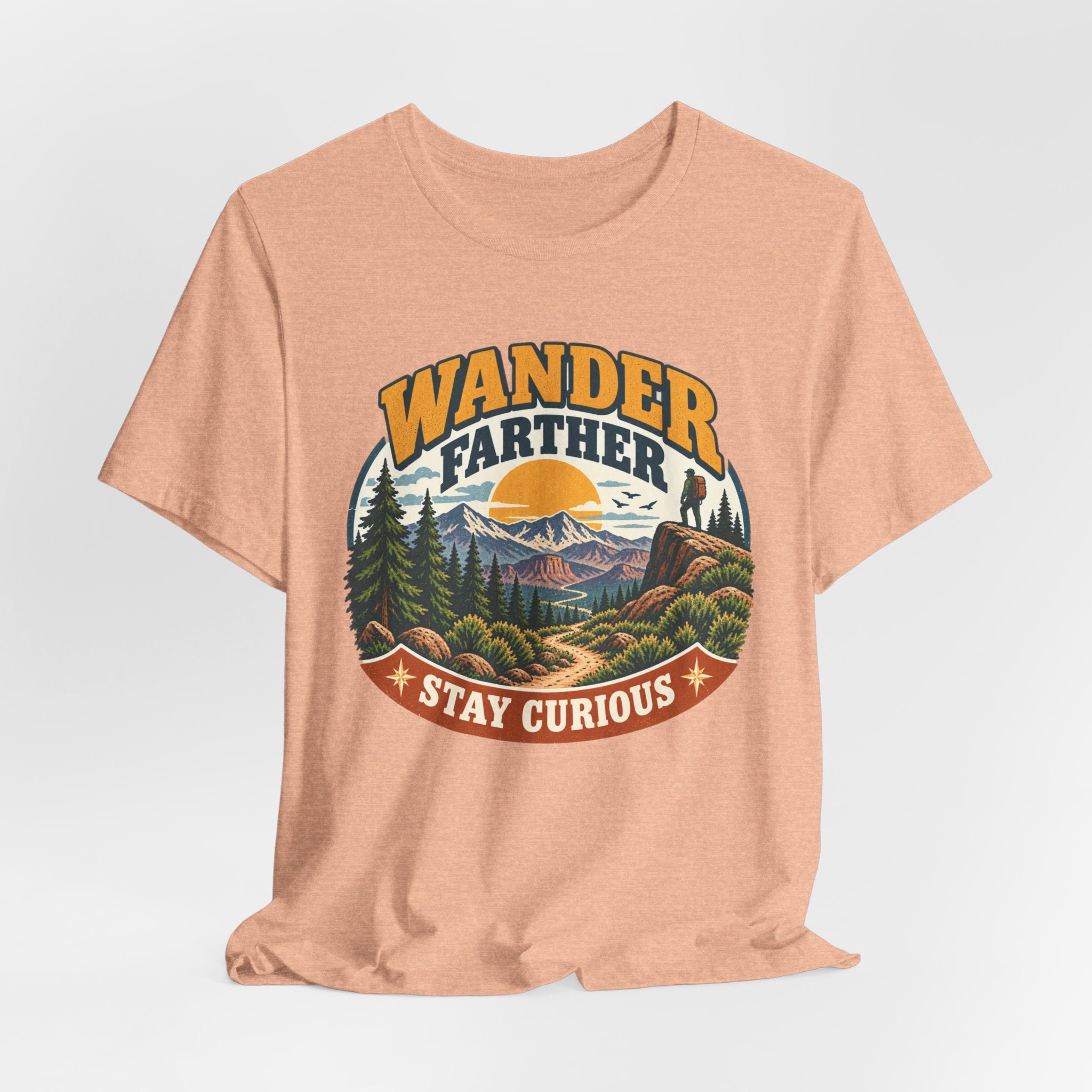 Wander Farther Stay Curious Tee in Dark Grey Heather - retro hiking wander curious shirt, Barely Outdoorsy