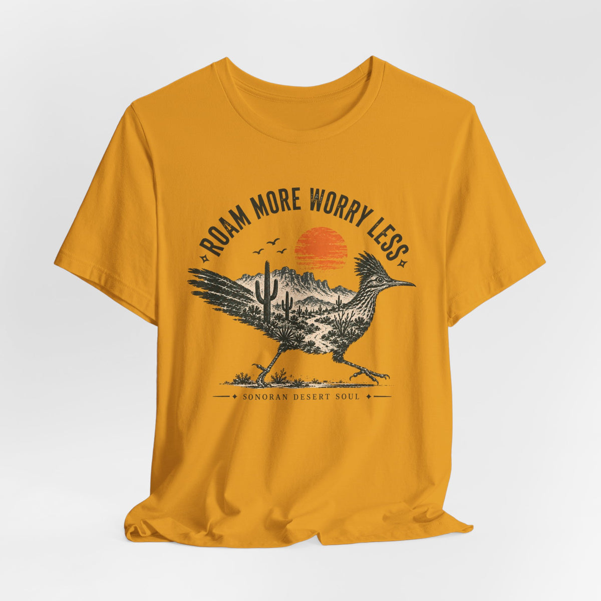 Roam More Worry Less Roadrunner Tee in Heather Peach - desert roadrunner roam more shirt, Barely Outdoorsy Bella Canvas 3001
