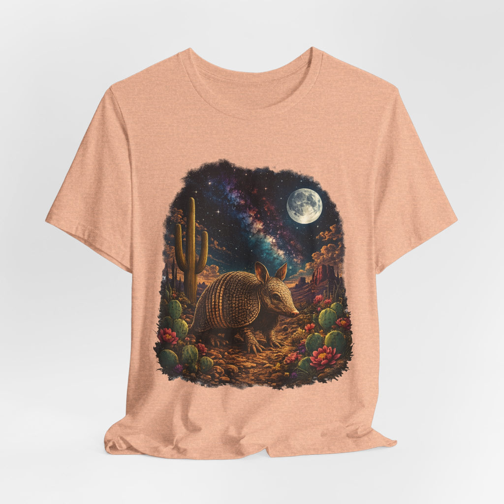 Desert Armadillo Starry Night Tee in Black worn shot - impressionist desert armadillo Milky Way shirt, Barely Outdoorsy