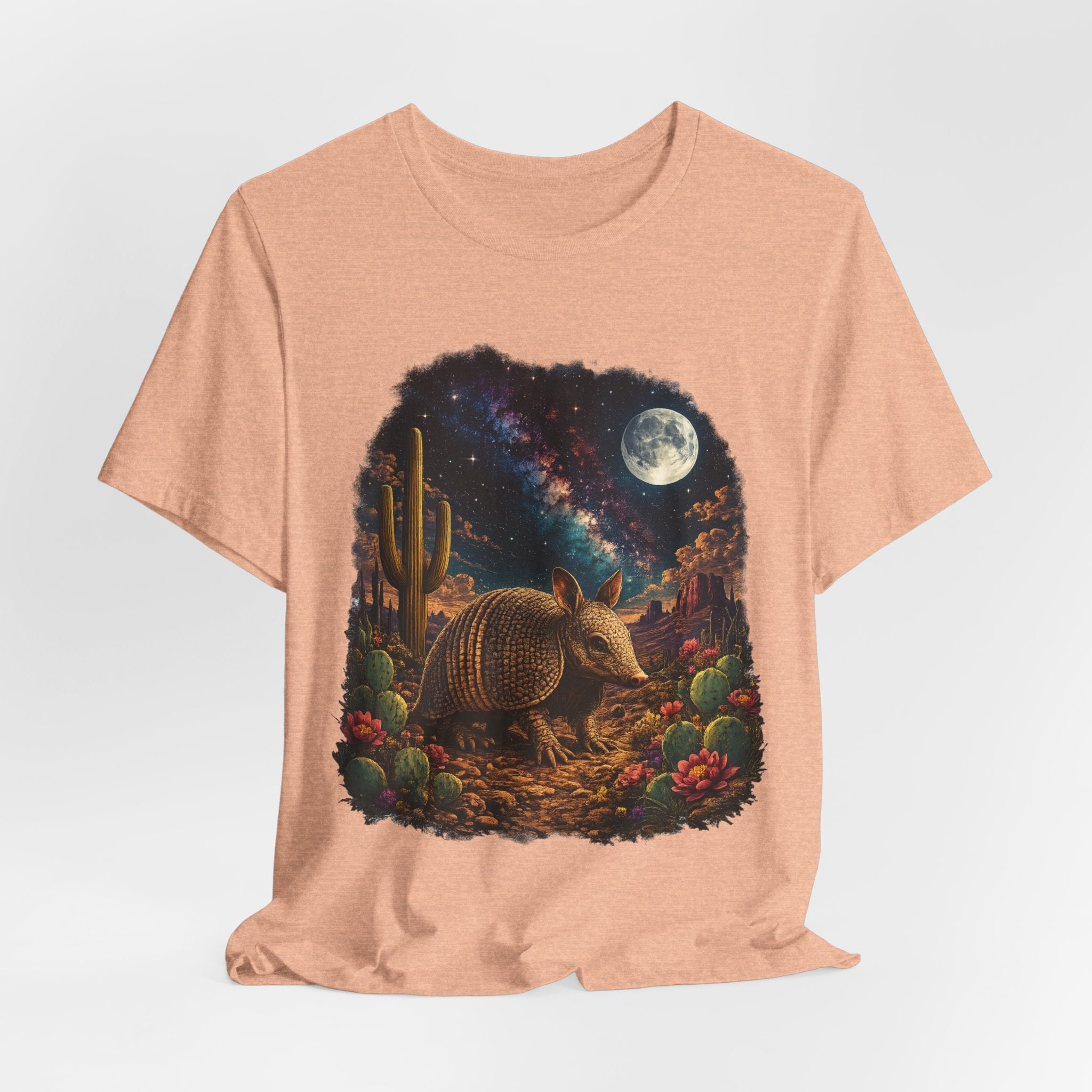 Desert Armadillo Starry Night Tee in Black worn shot - impressionist desert armadillo Milky Way shirt, Barely Outdoorsy