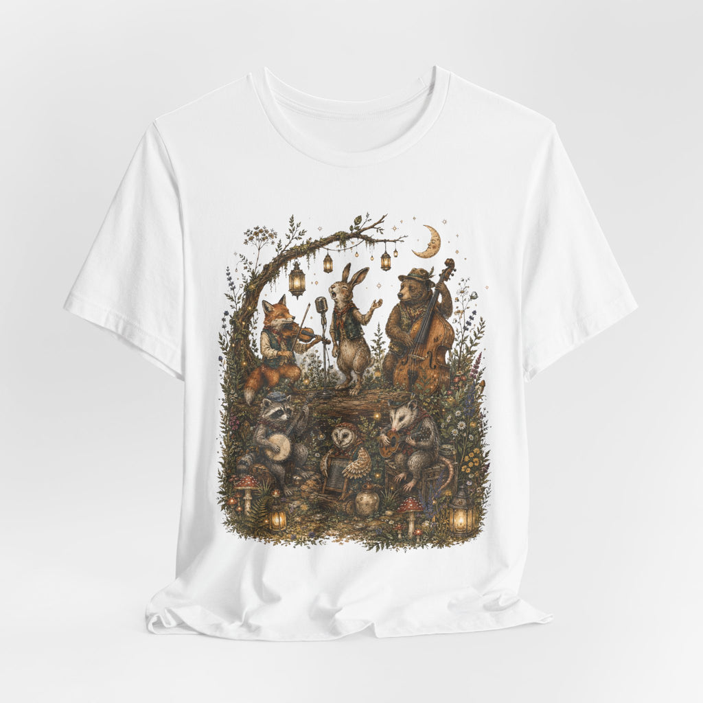 Woodland Band Moonlight Concert Tee in Navy - woodland creatures concert moonlight shirt, Barely Outdoorsy Bella Canvas 3001