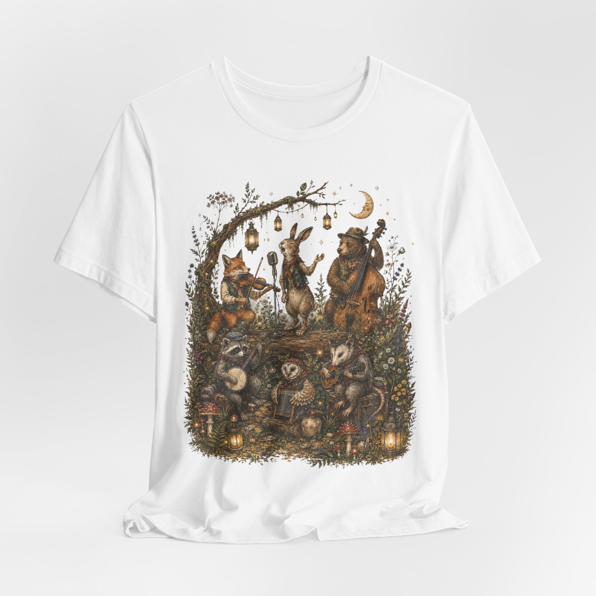 Woodland Band Moonlight Concert Tee in Navy - woodland creatures concert moonlight shirt, Barely Outdoorsy Bella Canvas 3001