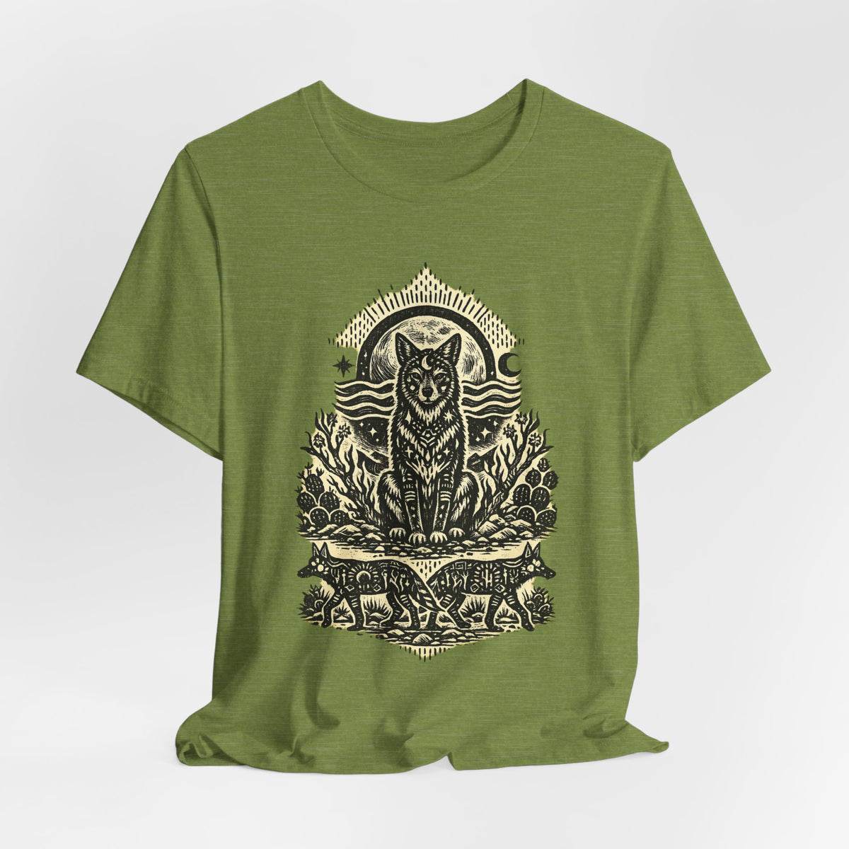 Moonlit Coyote Linocut T-Shirt in Heather Dusty Blue - Southwest linocut moonlit coyote woodcut graphic tee, Barely Outdoorsy