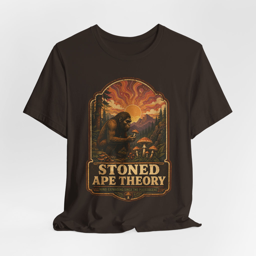 Stoned Ape Theory T-Shirt in Black detail - stoned ape theory humor close-up graphic tee, Barely Outdoorsy