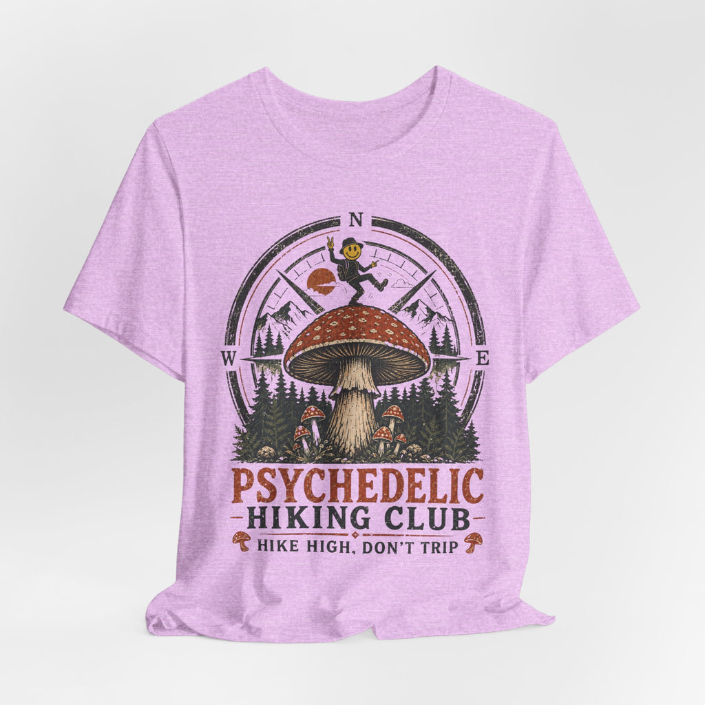 Psychedelic Hiking Club T-Shirt in Pink detail - dark cottagecore hiking club close-up graphic, Barely Outdoorsy Bella Canvas