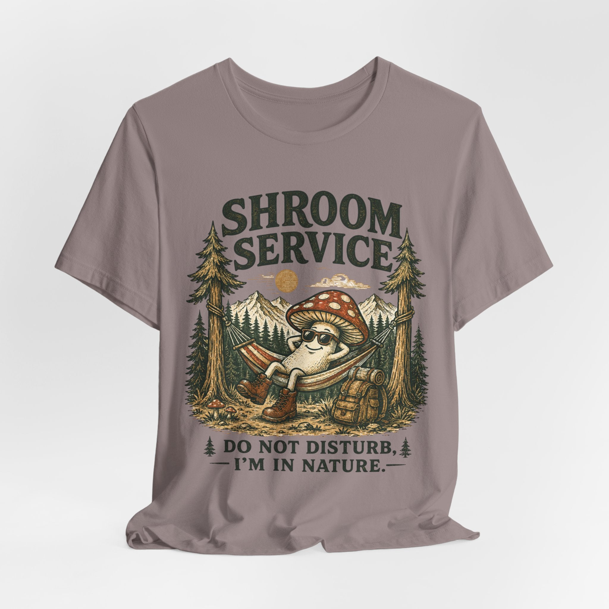Shroom Service T-Shirt in Pebble Brown - chill mushroom camping hammock graphic tee, Bella Canvas 3001