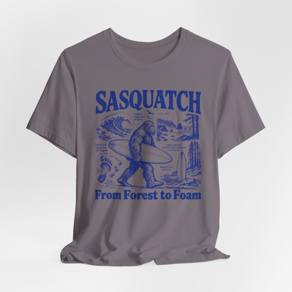 Sasquatch From Forest to Foam T-Shirt in Mustard - funny Sasquatch surf graphic tee, Barely Outdoorsy
