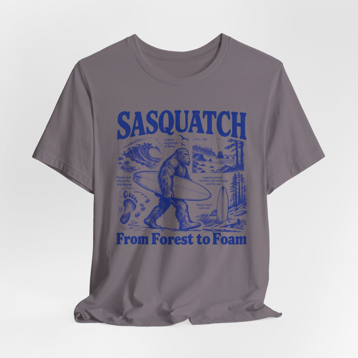 Sasquatch From Forest to Foam T-Shirt in Mustard - funny Sasquatch surf graphic tee, Barely Outdoorsy
