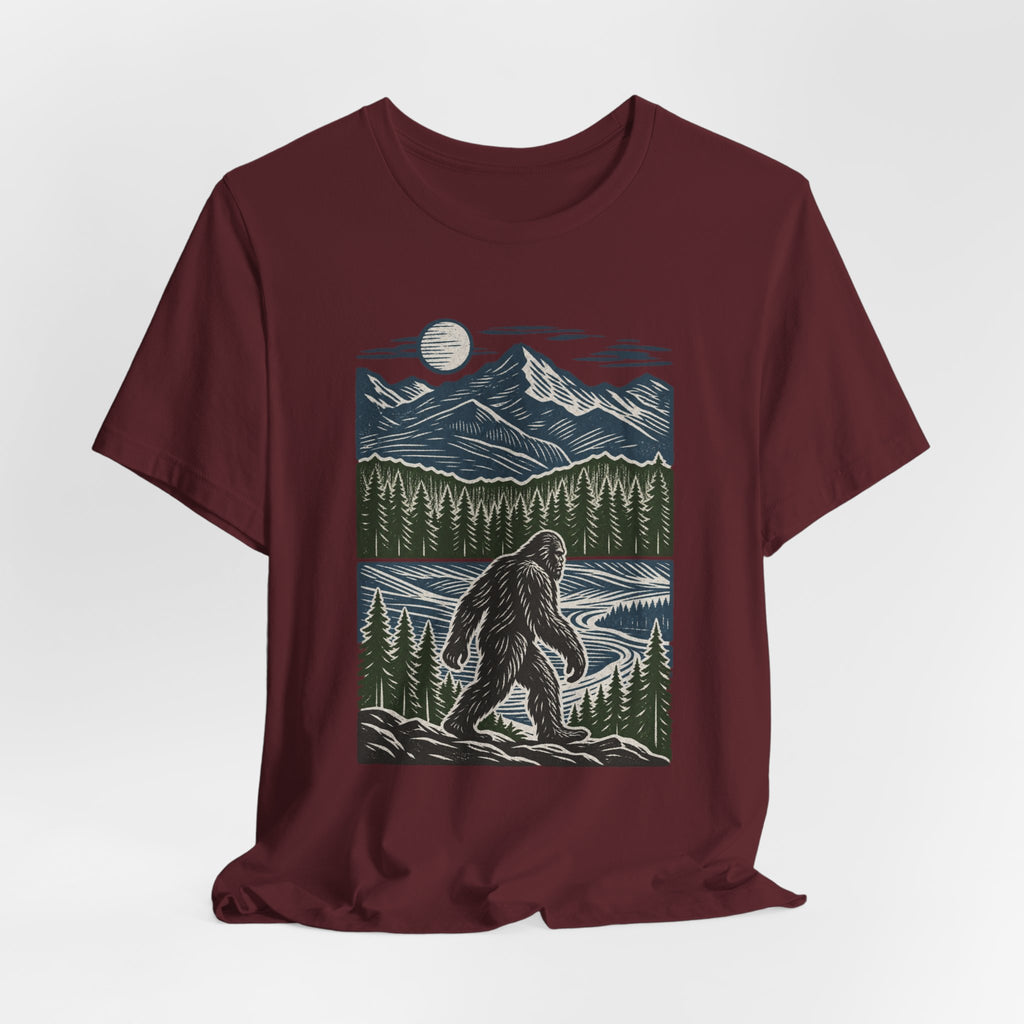 Bigfoot Mountain River Tee in Heather True Royal detail - Sasquatch mountain river close-up graphic