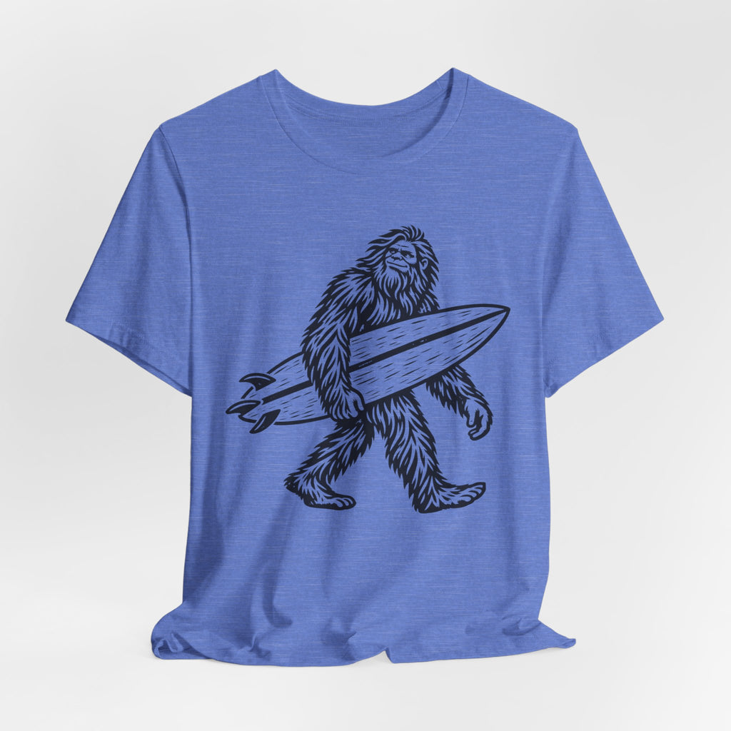 Surfing Bigfoot T-Shirt in Heather Green - funny surfing Sasquatch graphic tee, Barely Outdoorsy Bella Canvas 3001