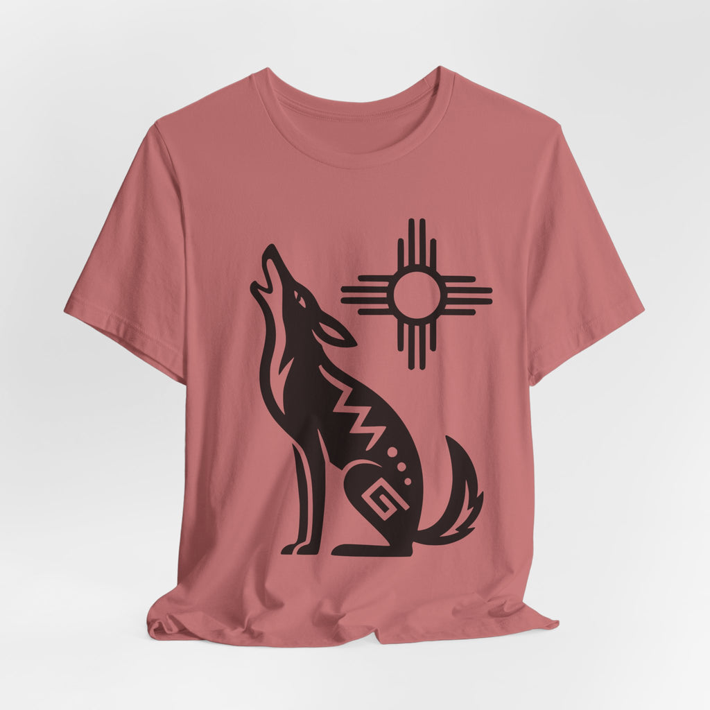 Southwest Zia Sun Coyote Tee flat lay Dark Grey Heather - unisex crew neck coyote Zia graphic tee, Barely Outdoorsy