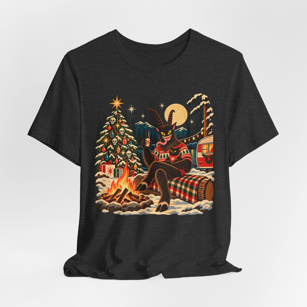 Krampus Campfire Christmas T-Shirt in White - funny dark Krampus campfire Christmas holiday graphic tee, Barely Outdoorsy