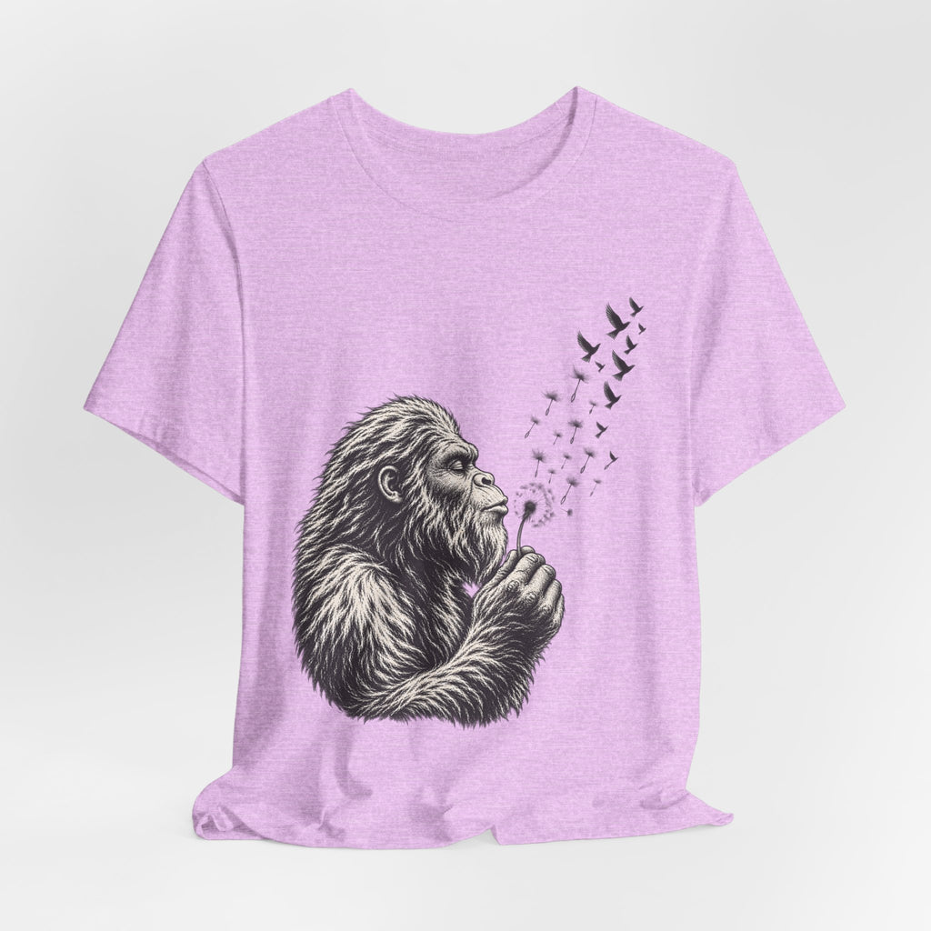 Bigfoot Blowing Dandelion Wishes T-Shirt in Heather Prism Ice Blue - funny Bigfoot dandelion graphic tee, Barely Outdoorsy