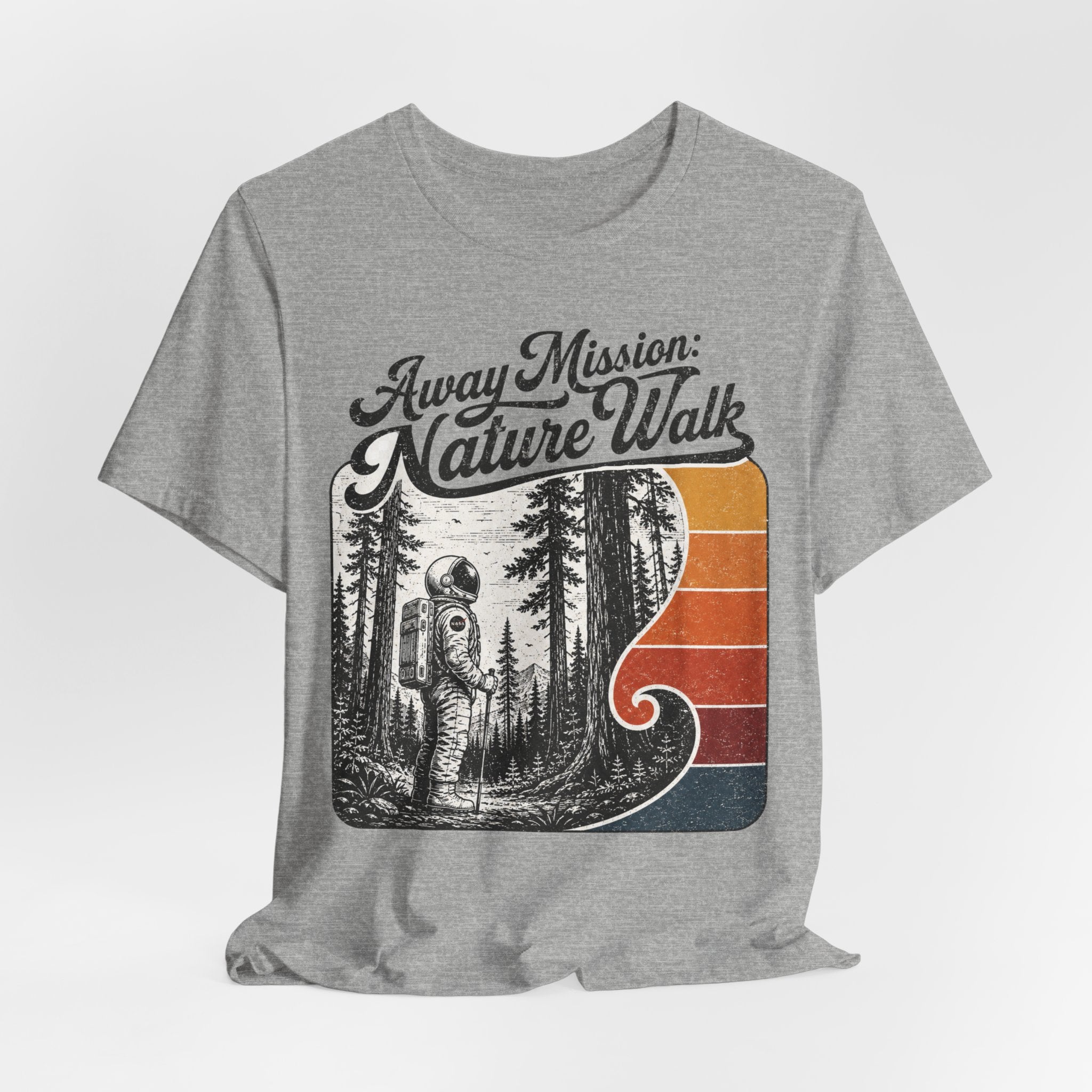 Away Mission Nature Walk T-Shirt flat lay Athletic Heather - unisex crew neck sci-fi hiking graphic tee, Barely Outdoorsy