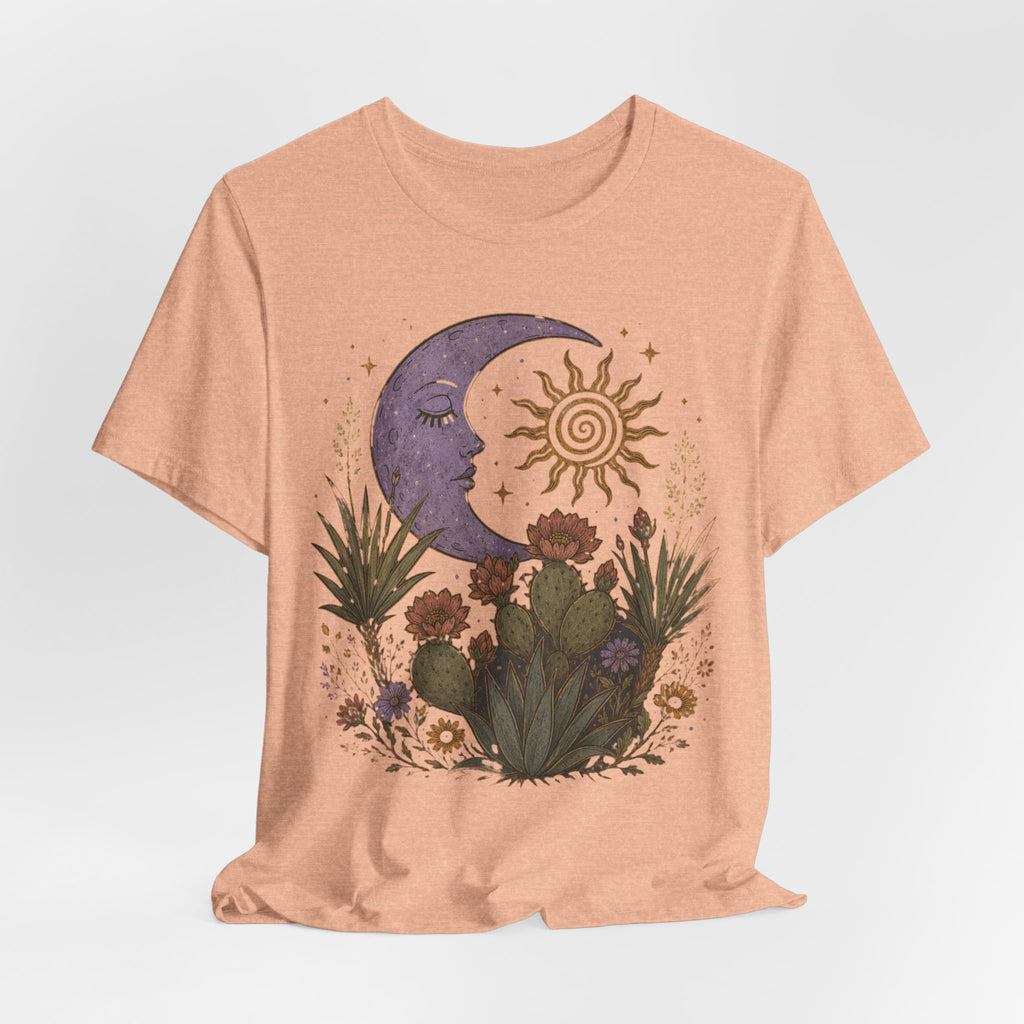 Desert Moon and Sun Celestial Botanical T-Shirt in Maroon - boho desert celestial botanical graphic tee, Barely Outdoorsy Bella Canvas