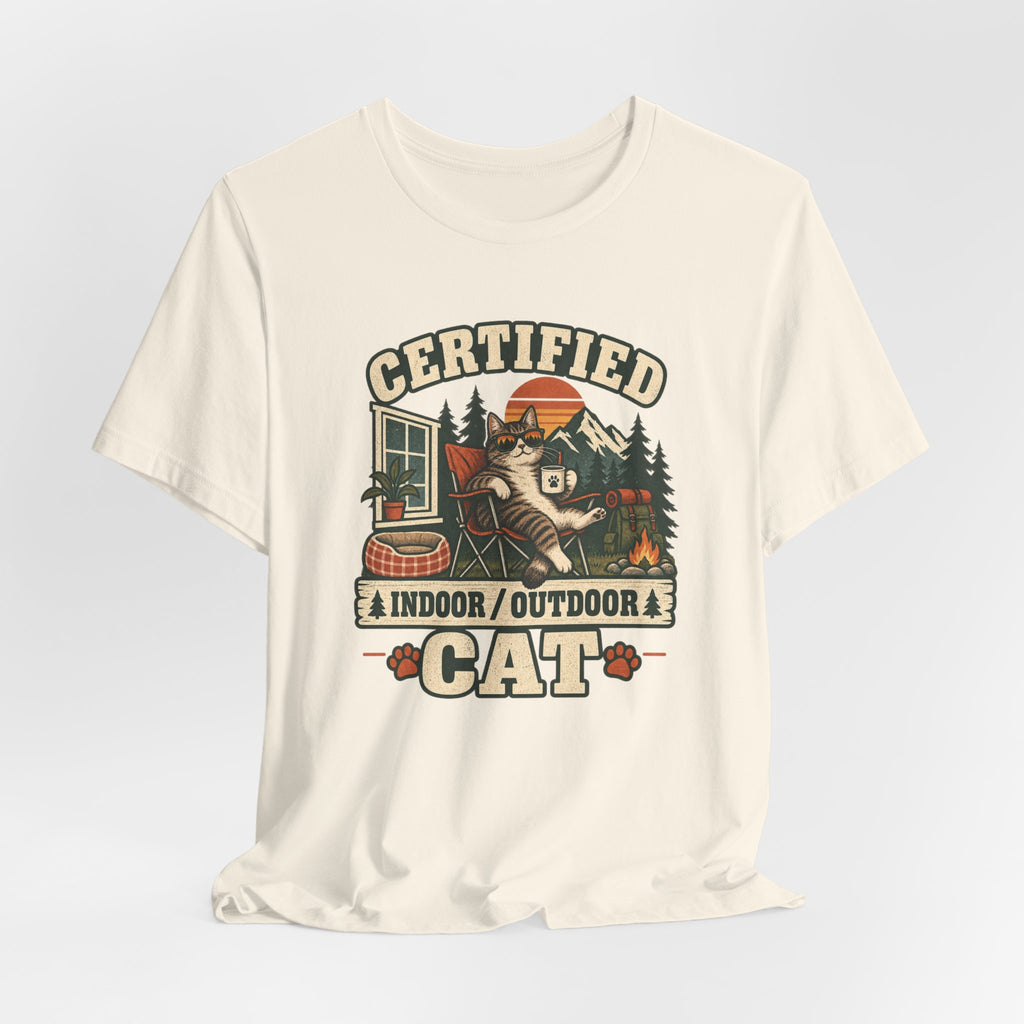Certified Indoor Outdoor Cat Tee flat lay Athletic Heather - unisex crew neck funny cat graphic tee, Barely Outdoorsy