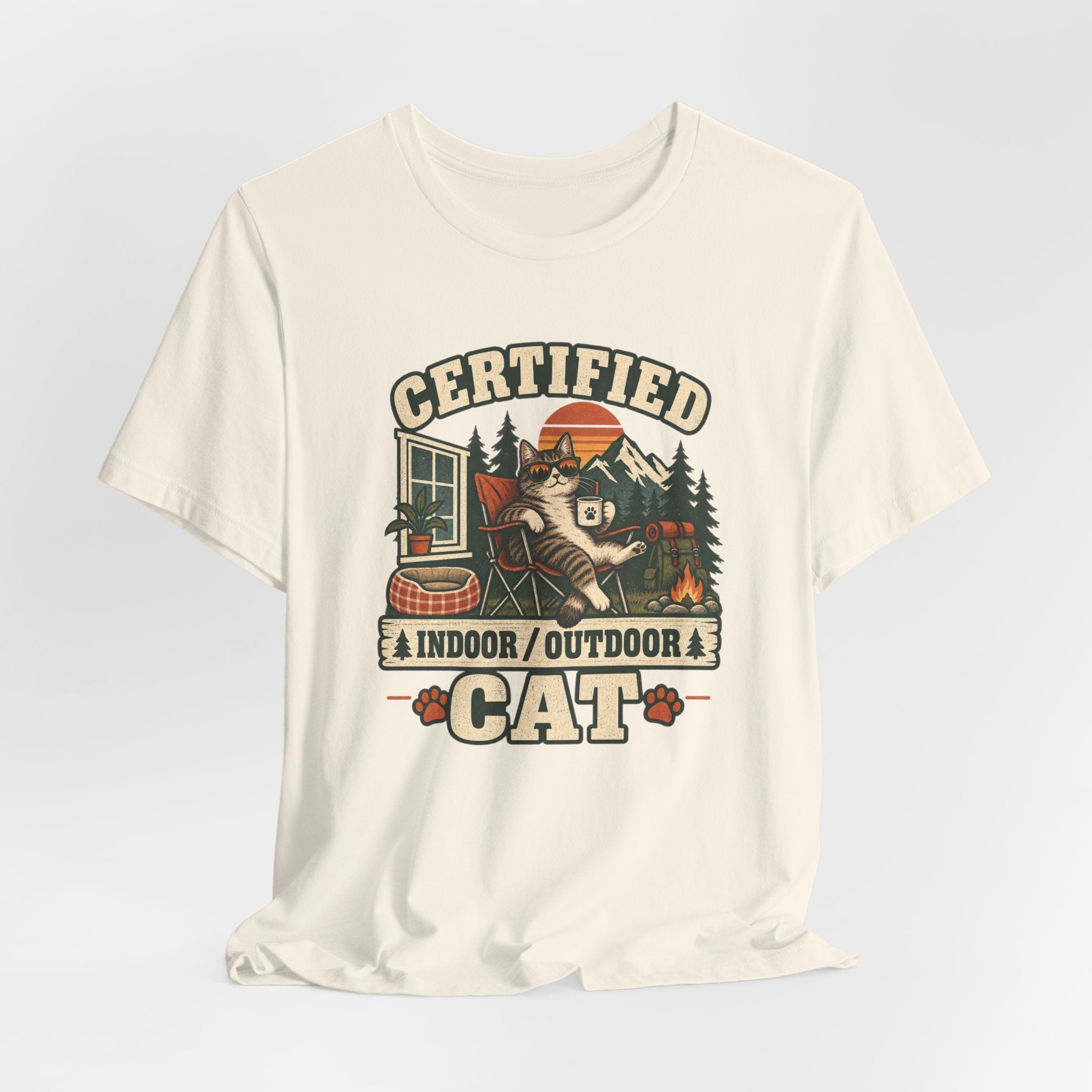 Certified Indoor Outdoor Cat Tee flat lay Athletic Heather - unisex crew neck funny cat graphic tee, Barely Outdoorsy