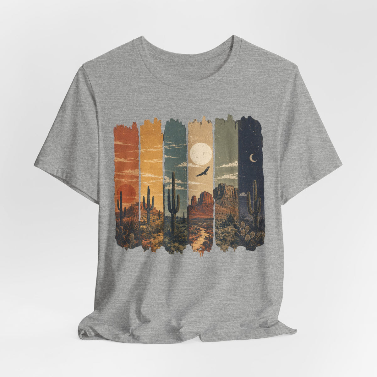 Desert Day to Night Saguaro Tee in Maroon - saguaro desert day night split scene shirt, Barely Outdoorsy