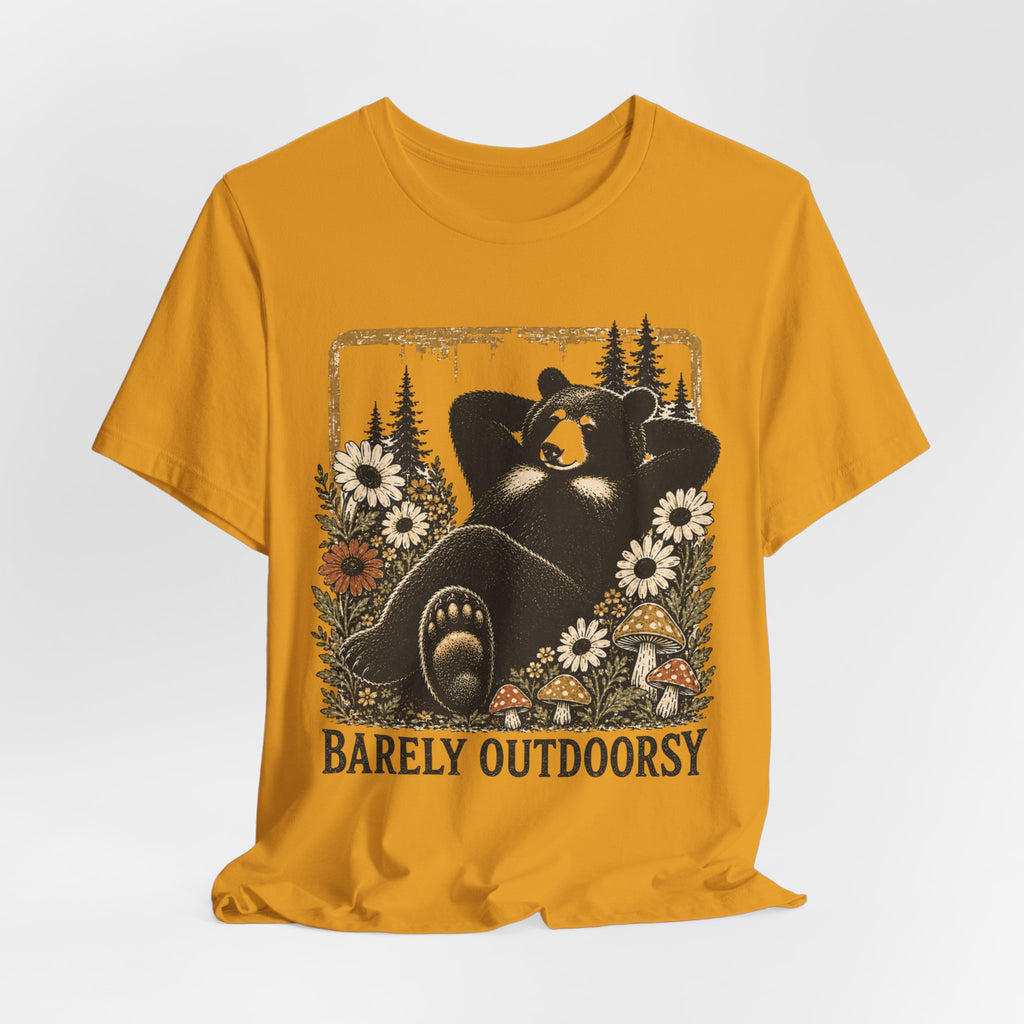 Barely Outdoorsy Lounging Bear Tee flat lay Athletic Heather - unisex crew neck lounging bear graphic tee, Barely Outdoorsy