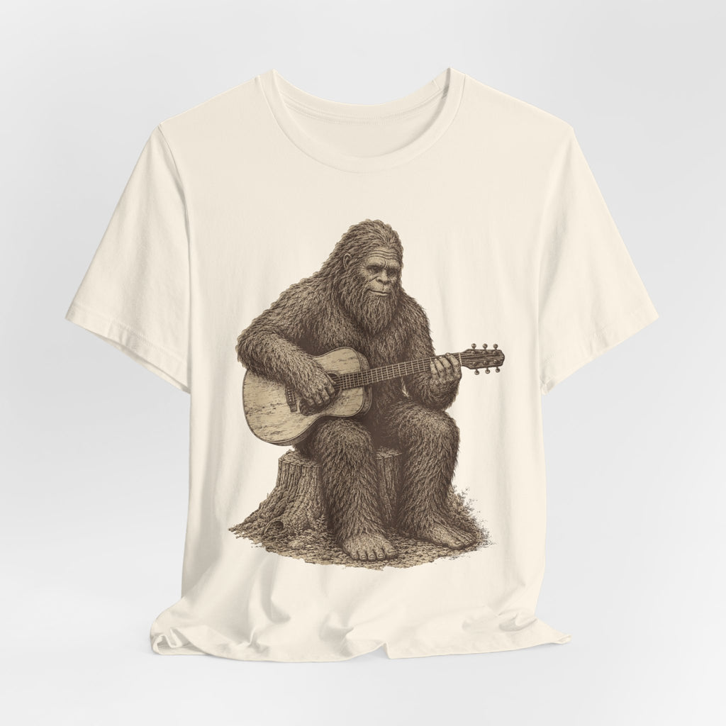 Bigfoot Guitar T-Shirt in Dark Grey Heather - vintage engraving Sasquatch acoustic guitar stump graphic tee, Barely Outdoorsy Bella Canvas 3001
