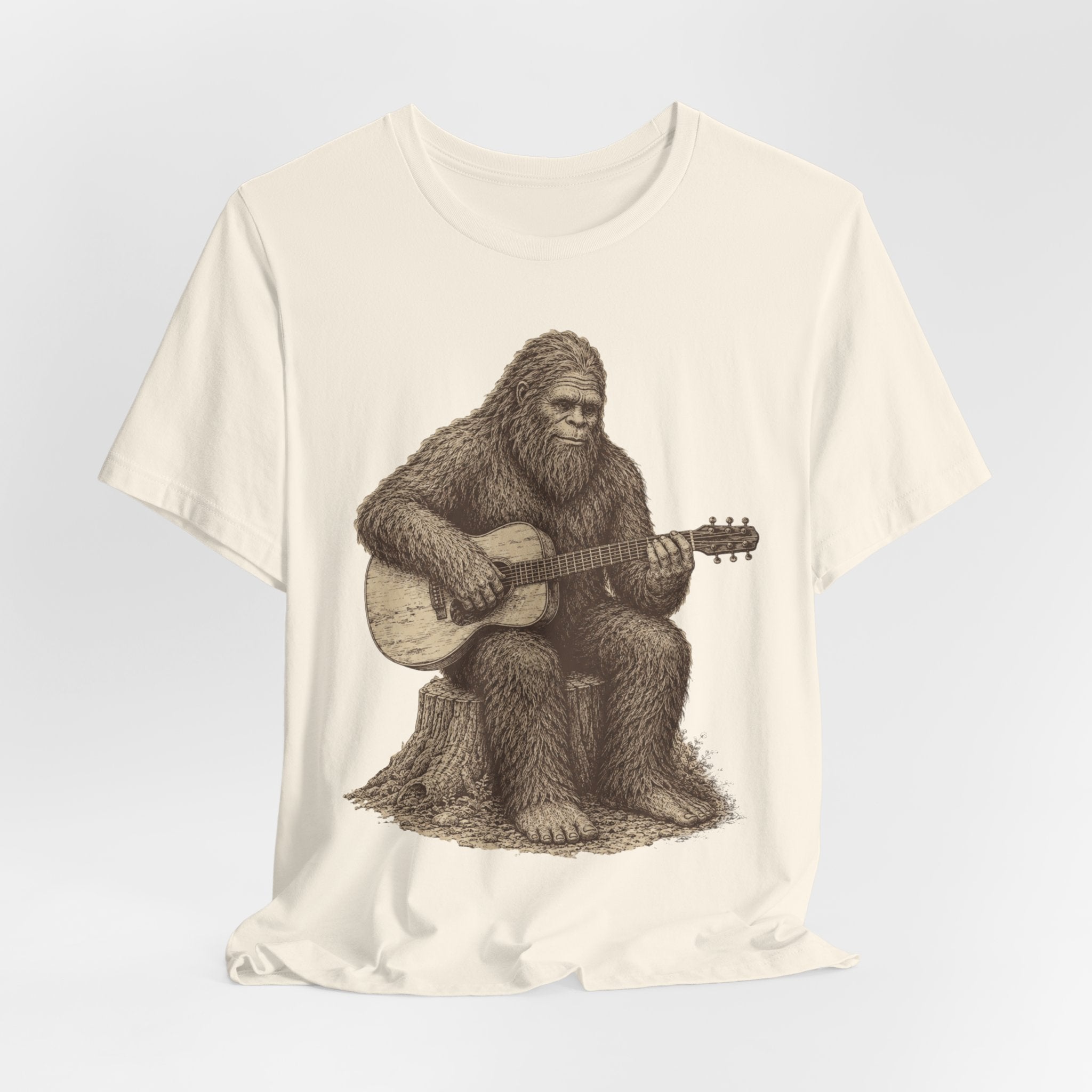 Bigfoot Guitar T-Shirt in Dark Grey Heather - vintage engraving Sasquatch acoustic guitar stump graphic tee, Barely Outdoorsy Bella Canvas 3001